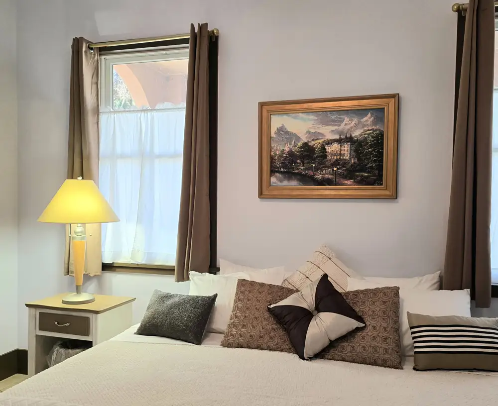 "The Salon" window, pillows and artwork